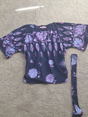 Eva Franco Navy Floral Blouse with Pink & Blue Pattern